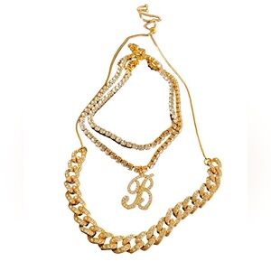 Cursive B and Rhinestone Chain 3 count Necklace